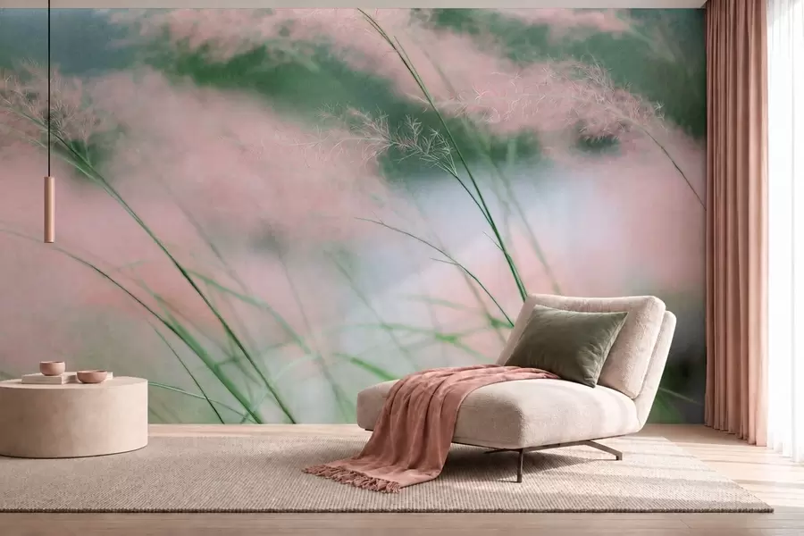 wall murals Delicate pink grasses against a soft green background w05886
