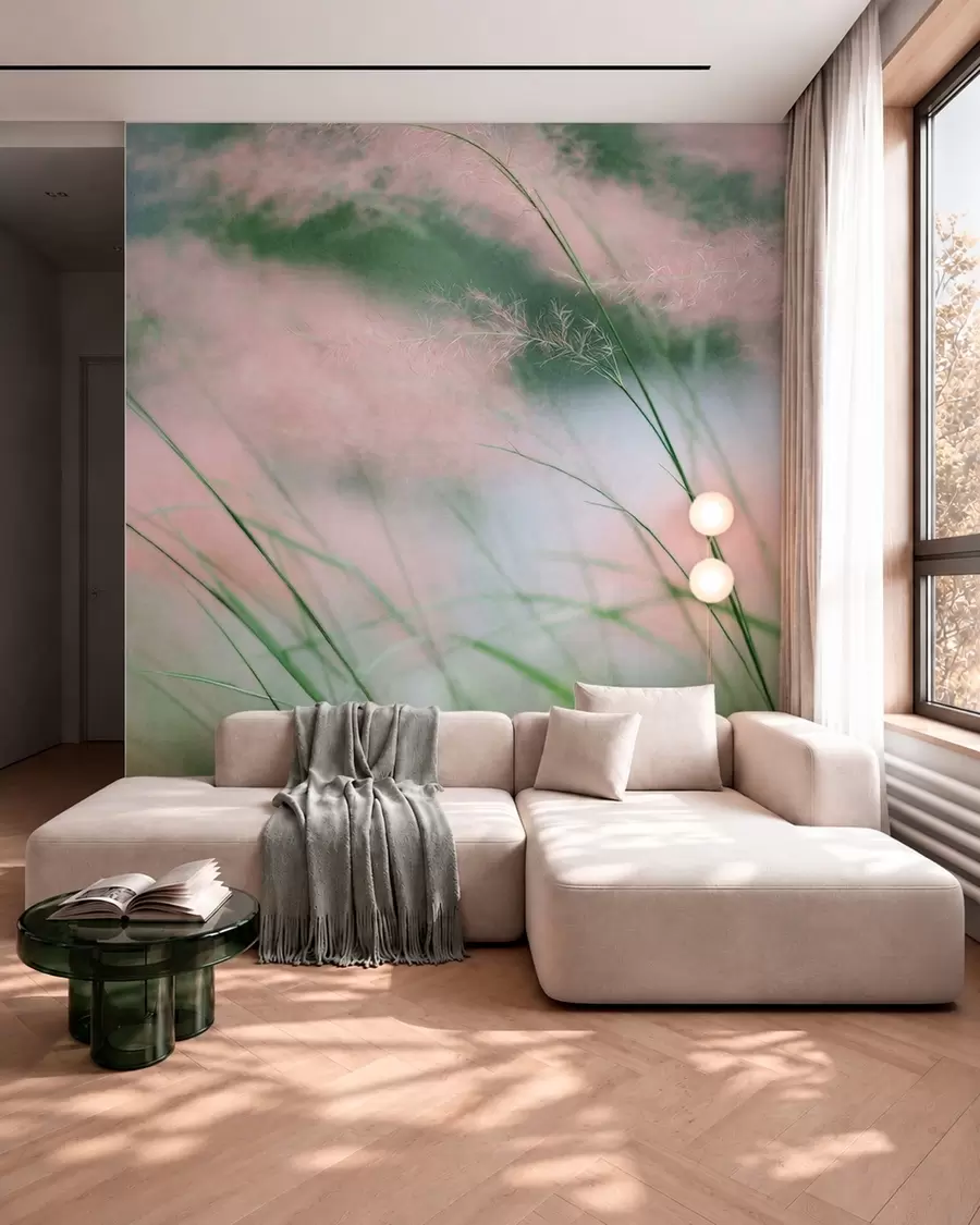 wall murals Delicate pink grasses against a soft green background w05886