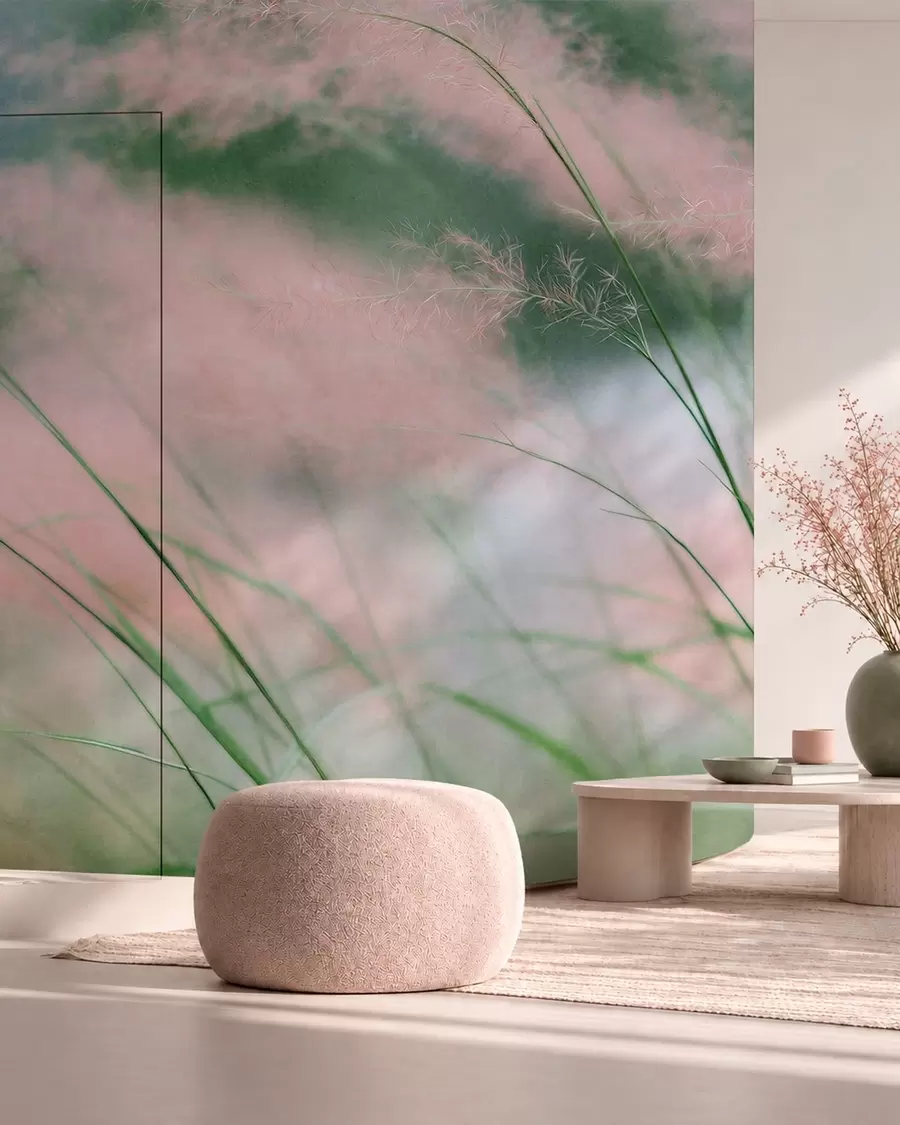 wall murals Delicate pink grasses against a soft green background w05886