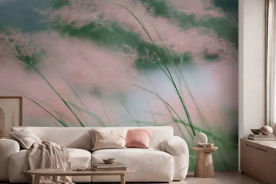wall murals Delicate pink grasses against a soft green background w05886