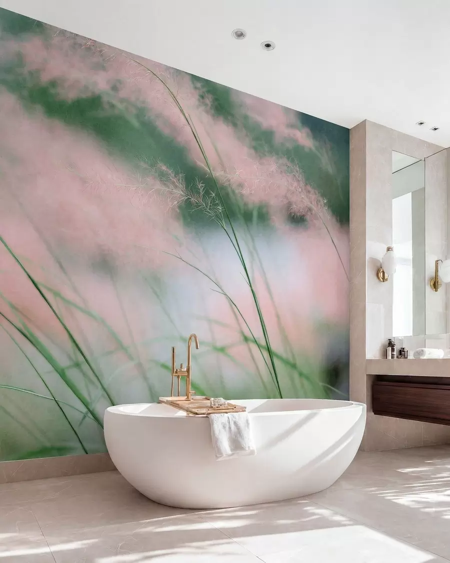 wall murals Delicate pink grasses against a soft green background w05886