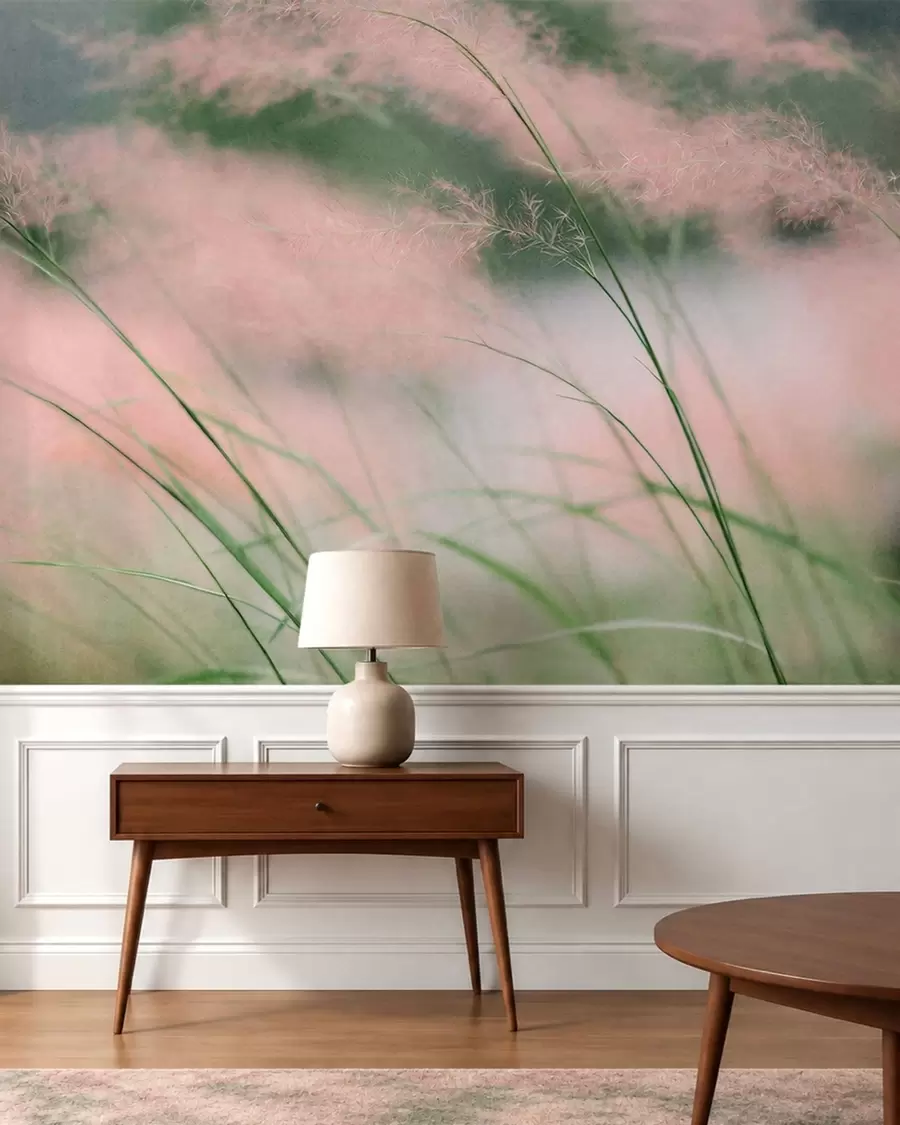 wall murals Delicate pink grasses against a soft green background w05886v1