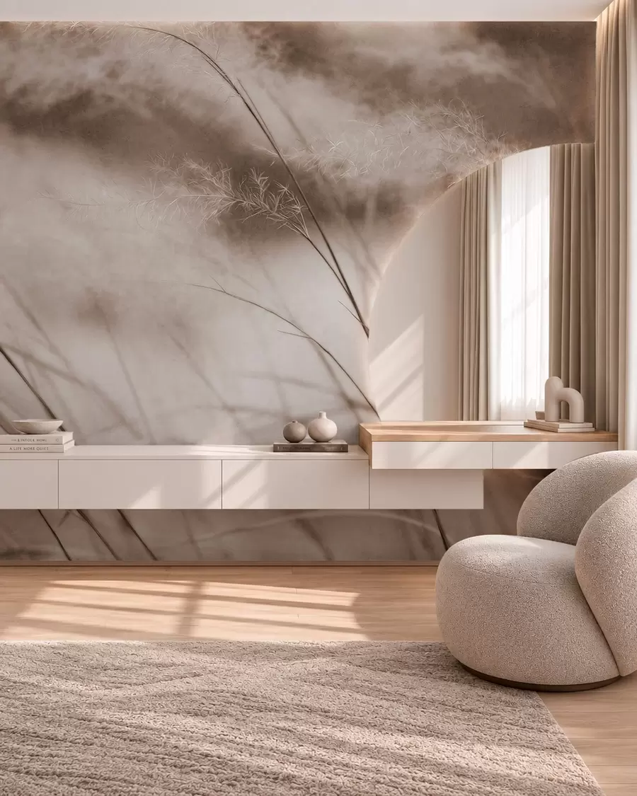 wall murals Slender grasses and feathery blooms in beige tones w05886v2