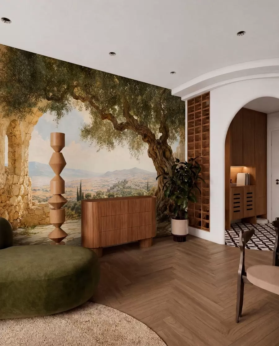 wall murals Ancient olive tree among stone ruins and hills w05896