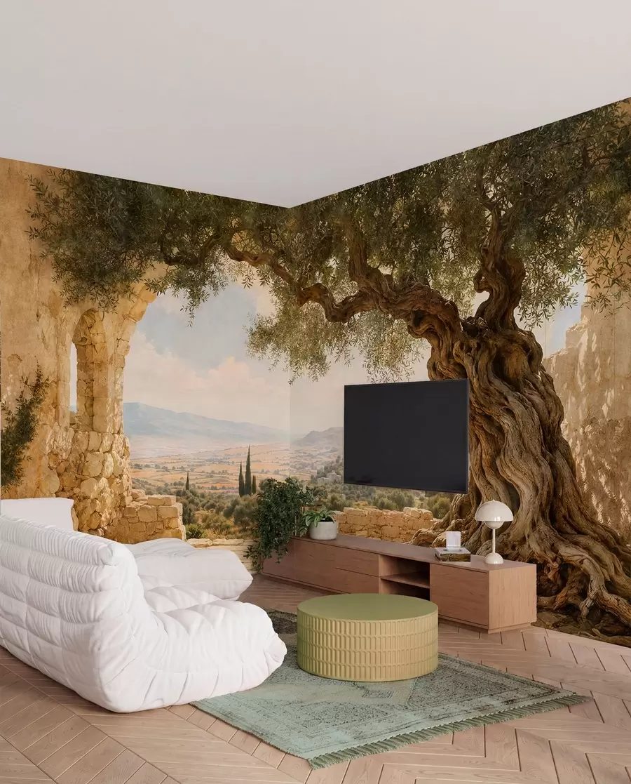 wall murals Ancient olive tree among stone ruins and hills w05896