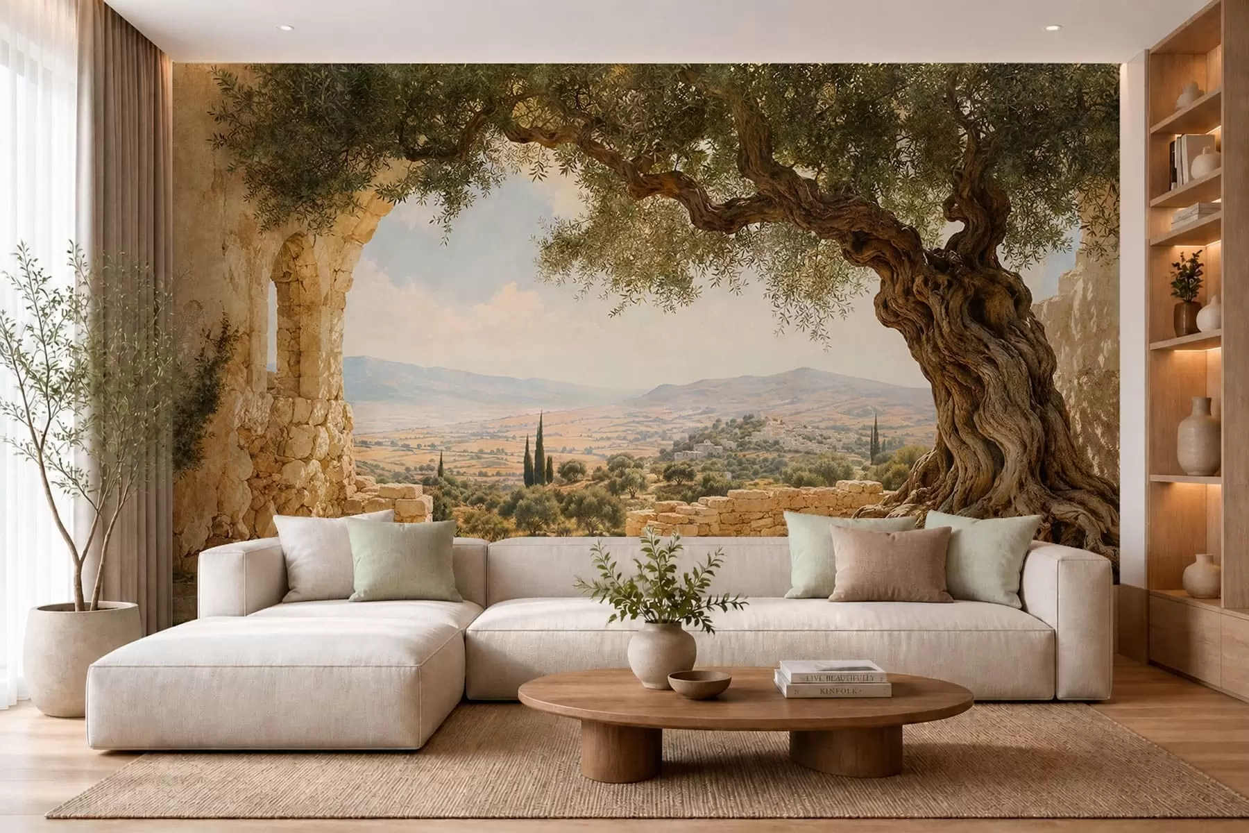 wall murals Ancient olive tree among stone ruins and hills w05896