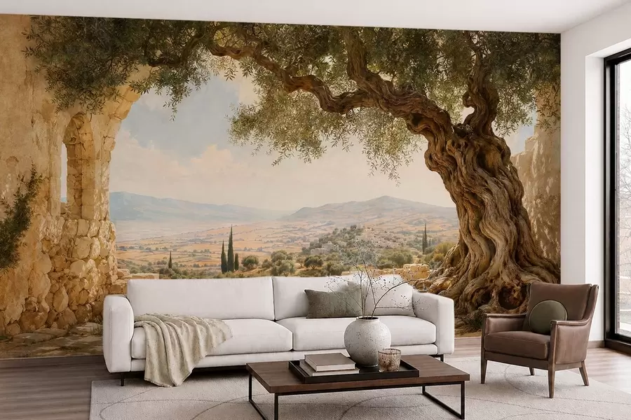 wall murals Ancient olive tree among stone ruins and hills w05896