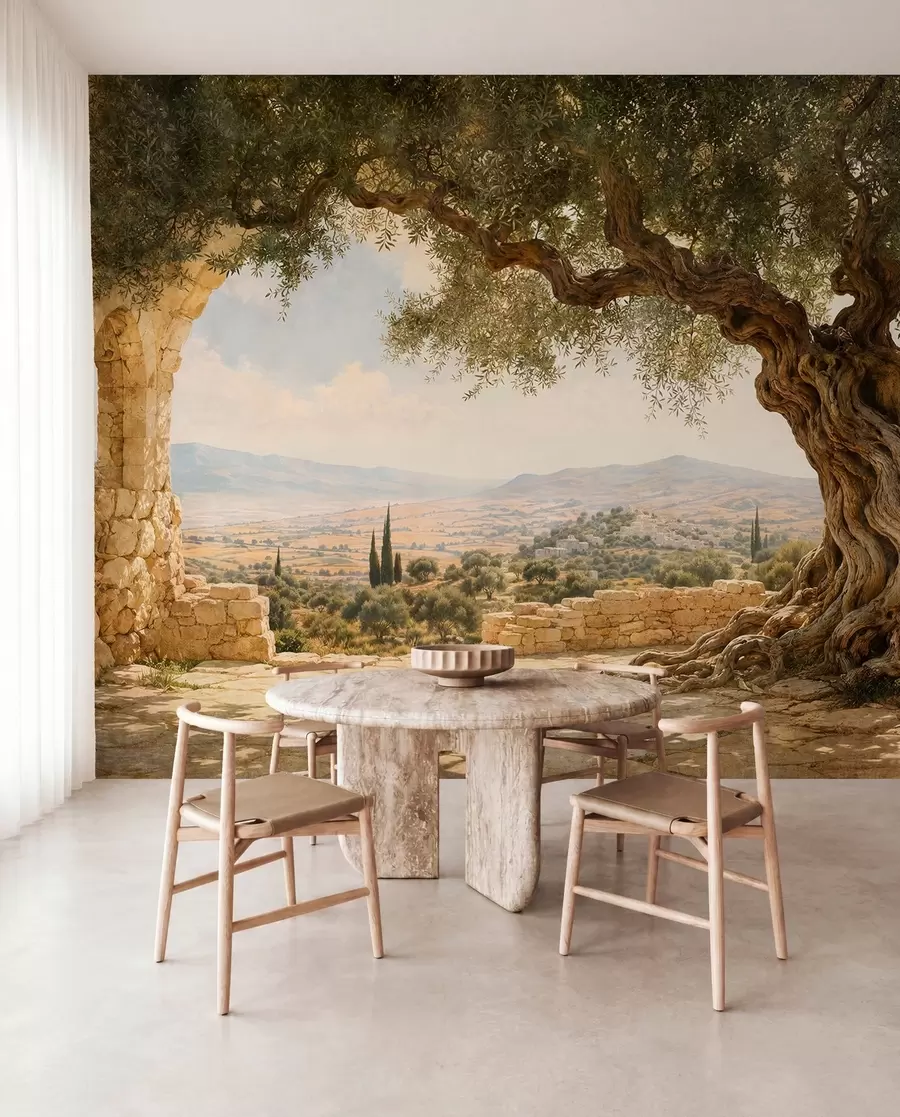 wall murals Ancient olive tree among stone ruins and hills w05896