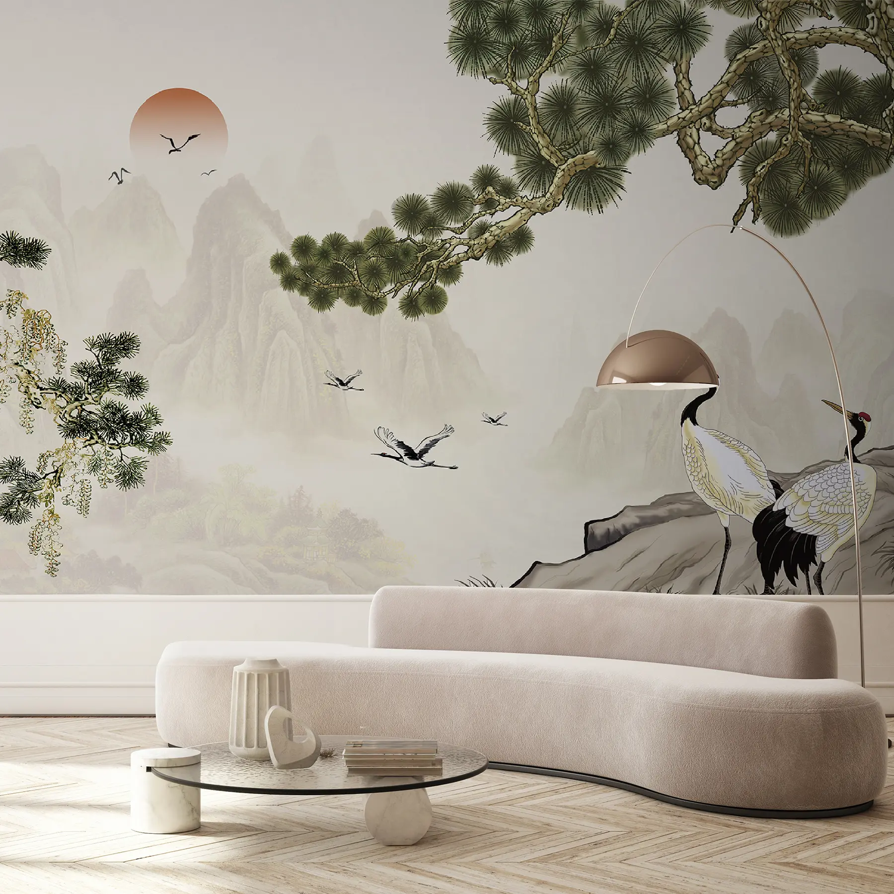wall murals Mountains, storks under the pine u34508