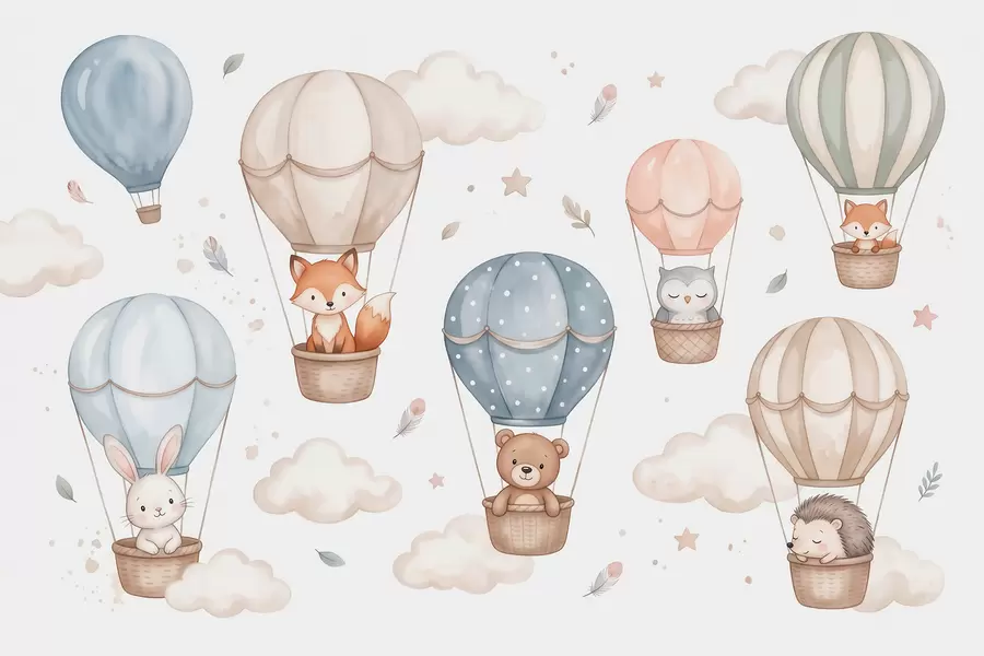 wall murals Woodland animals in hot air balloons, watercolor style, pastel palette w10001