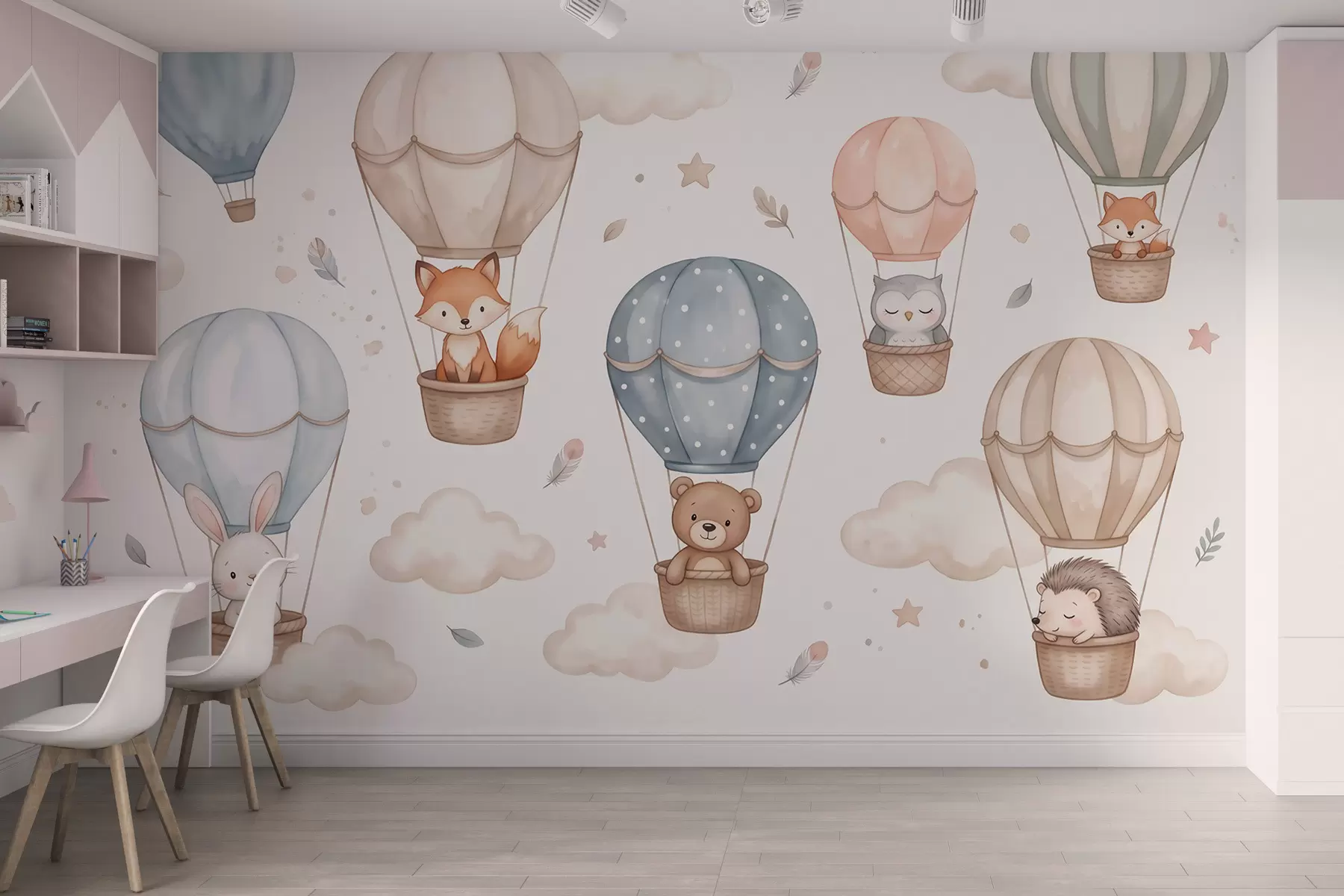 wall murals Woodland animals in hot air balloons, watercolor style, pastel palette w10001