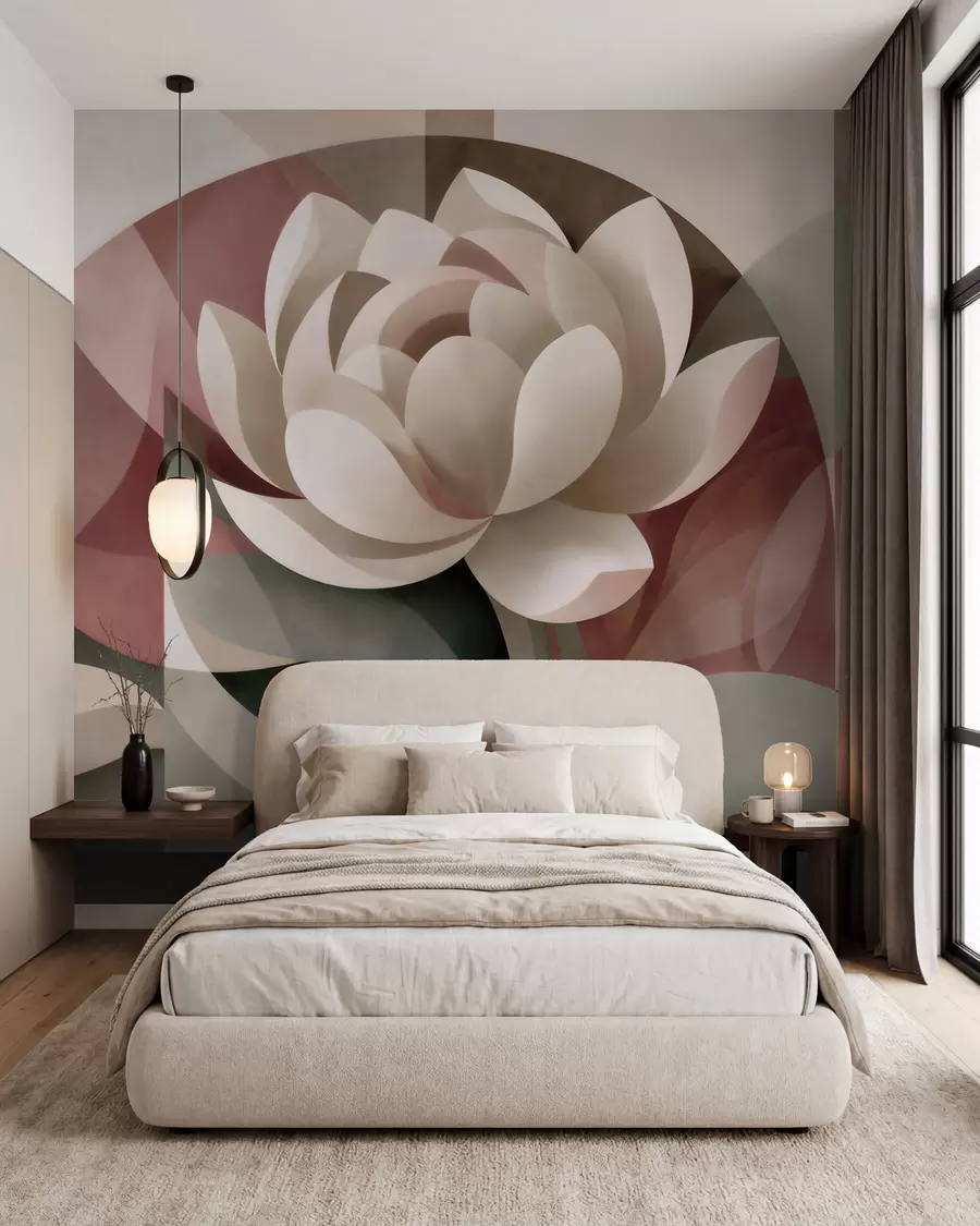 wall murals Large abstract flower in a faceted geometric technique, muted powder-emerald palette w10035