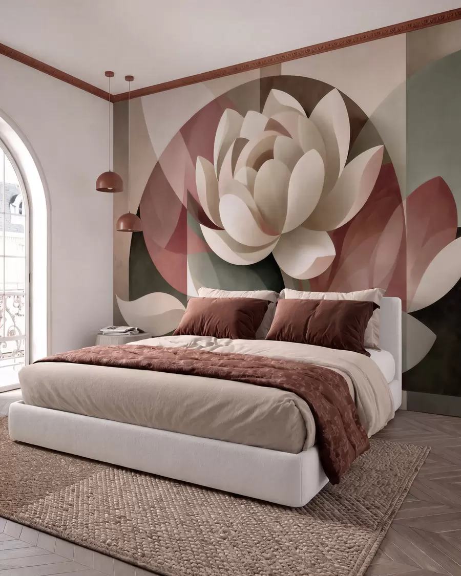 wall murals Large abstract flower in a faceted geometric technique, muted powder-emerald palette w10035