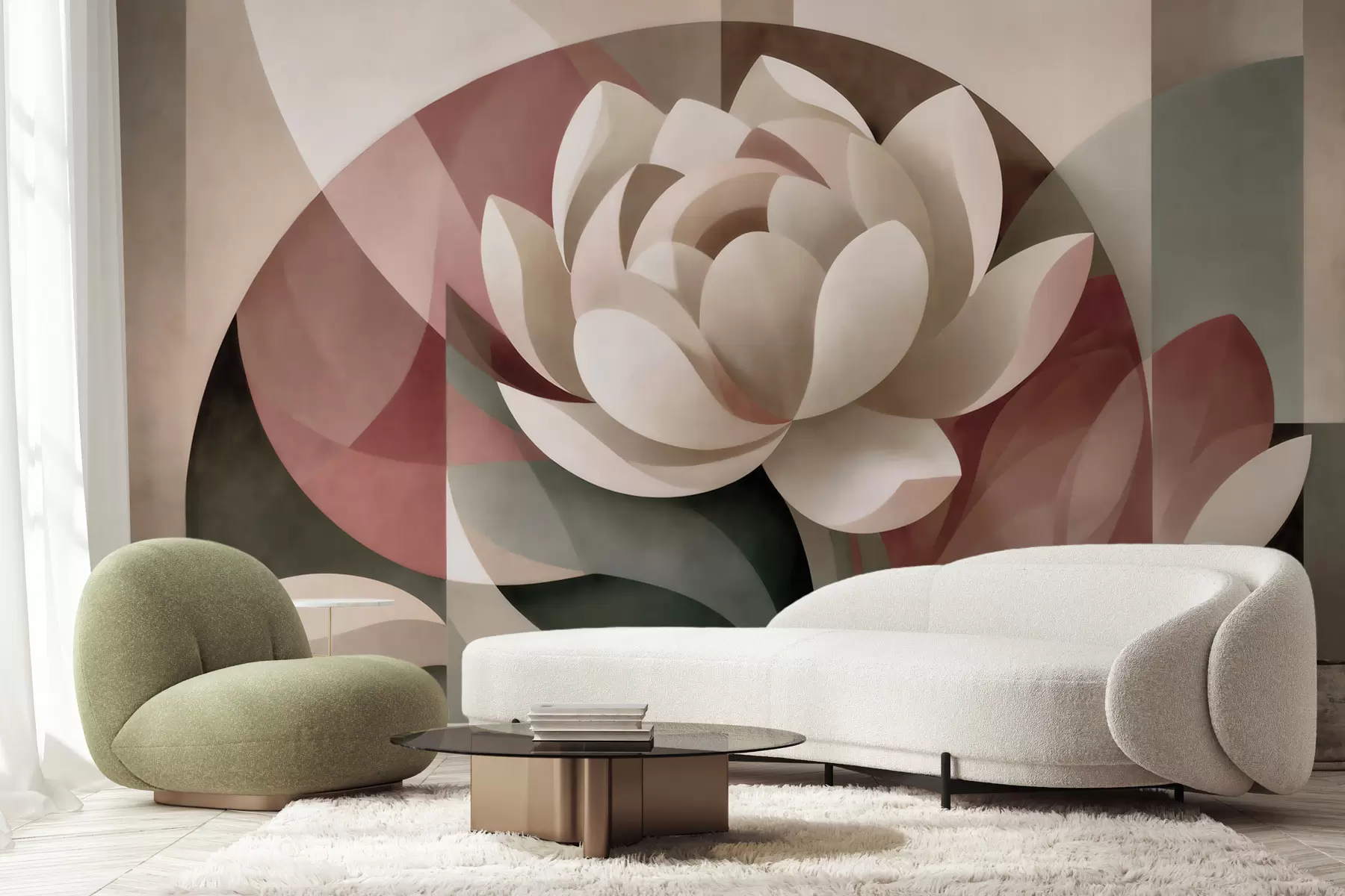 wall murals Large abstract flower in a faceted geometric technique, muted powder-emerald palette w10035