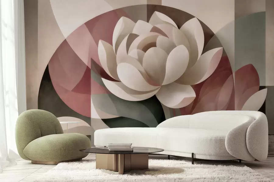wall murals Large abstract flower in a faceted geometric technique, muted powder-emerald palette w10035