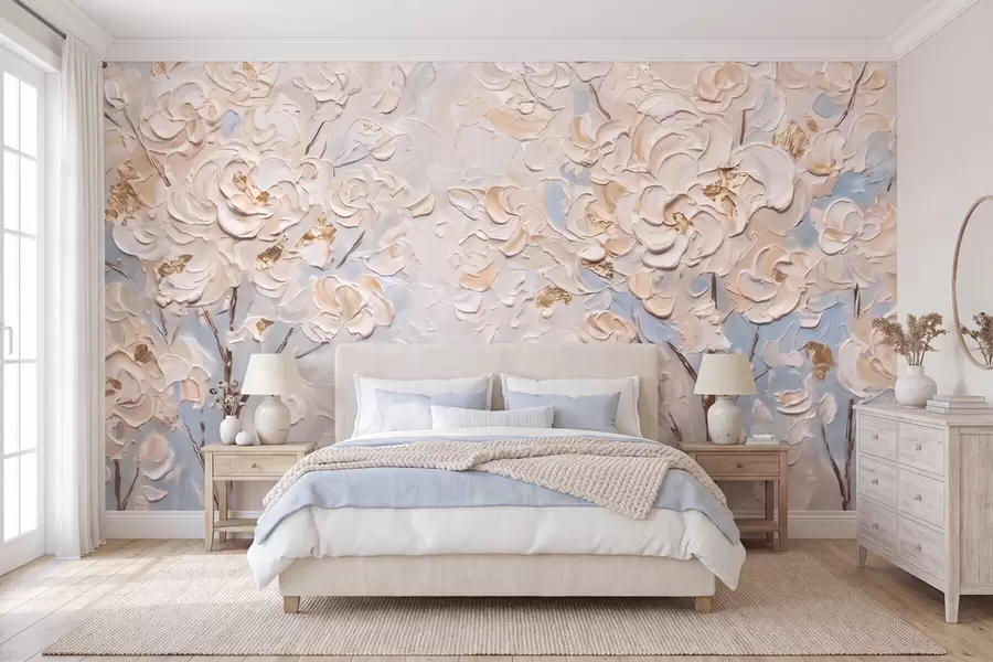 wall murals Voluminous white blossoms on trees, imitation oil painting w10039