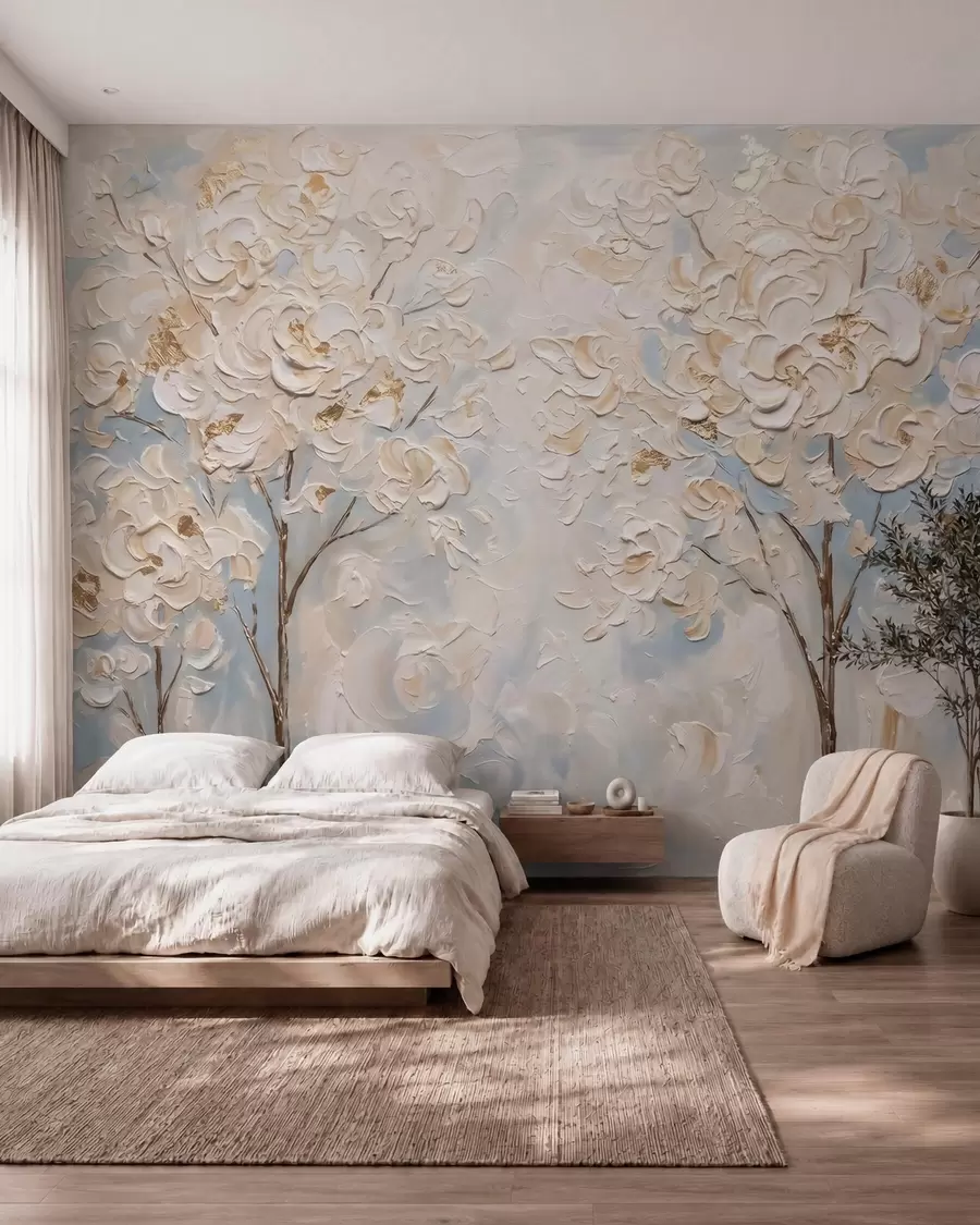 wall murals Voluminous white blossoms on trees, imitation oil painting w10039