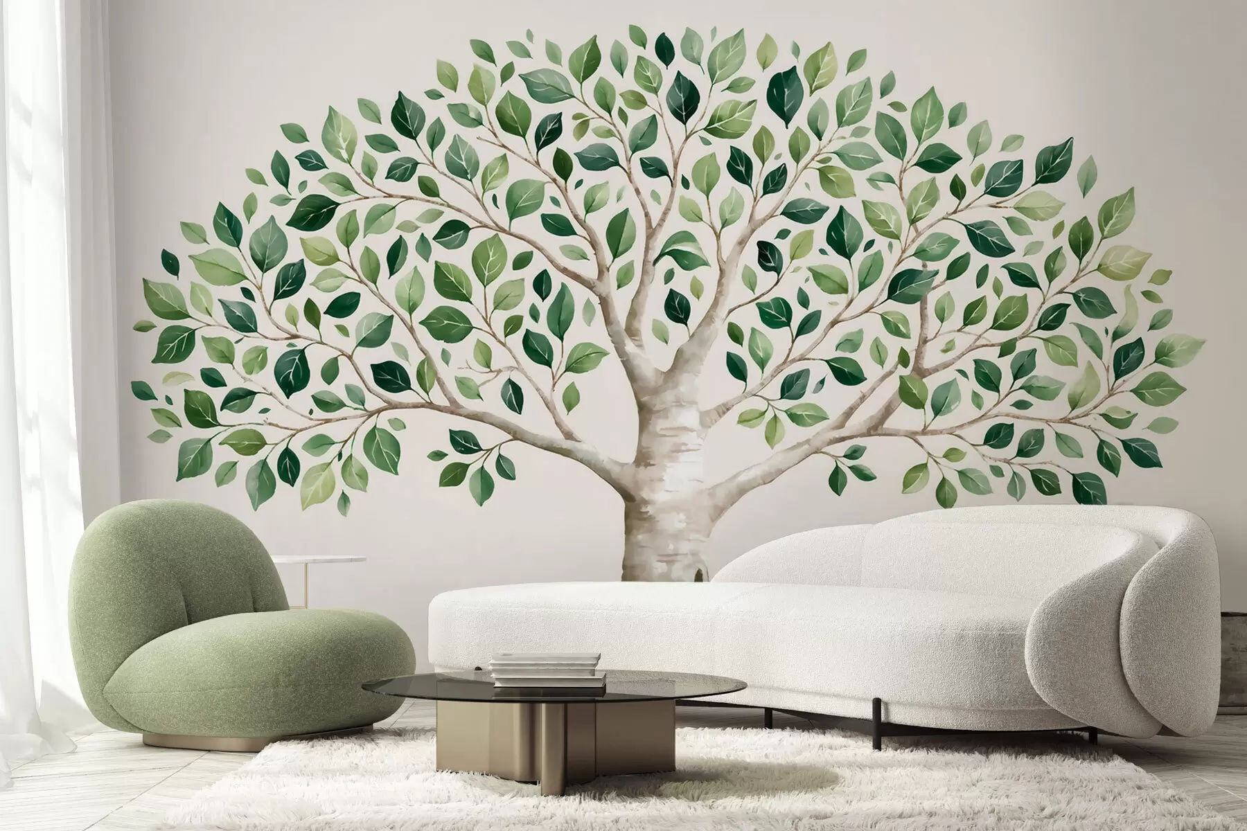 wall murals Tree with green foliage, watercolor style, minimalist w10046