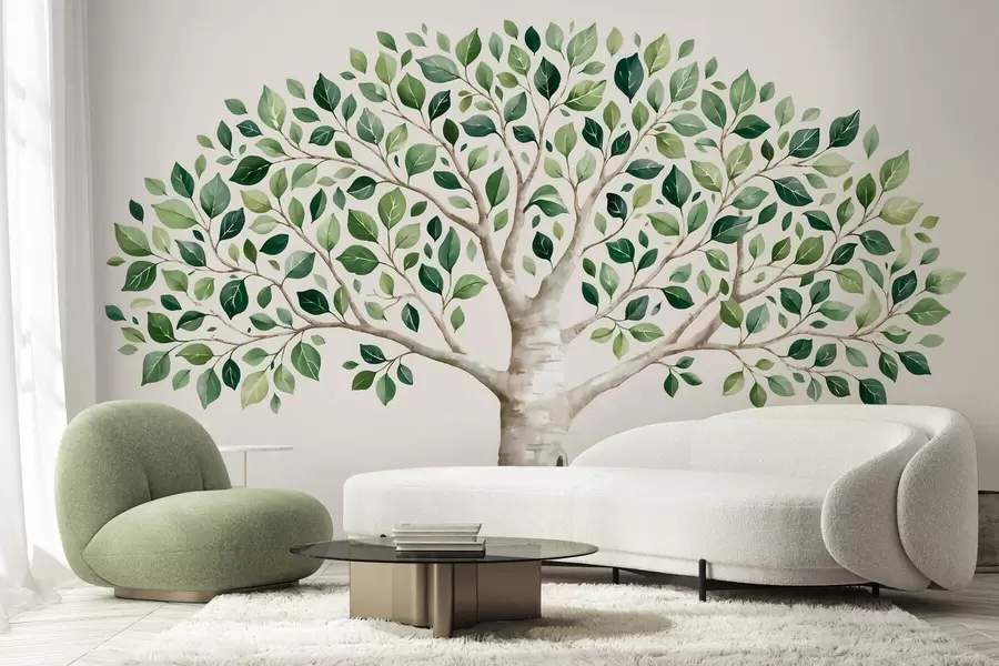 wall murals Tree with green foliage, watercolor style, minimalist w10046