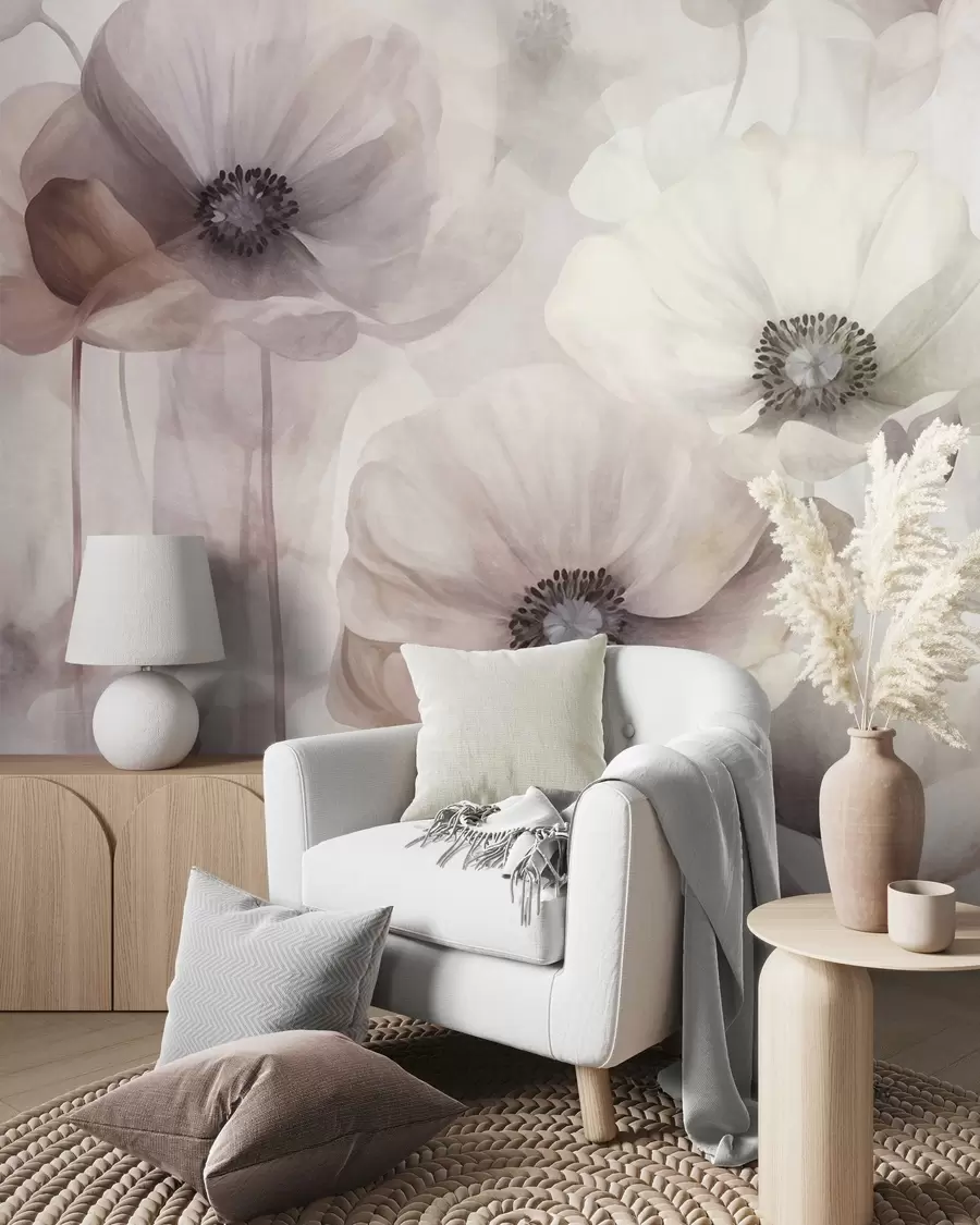 wall murals Pale pink and beige poppies with delicate petals w10029