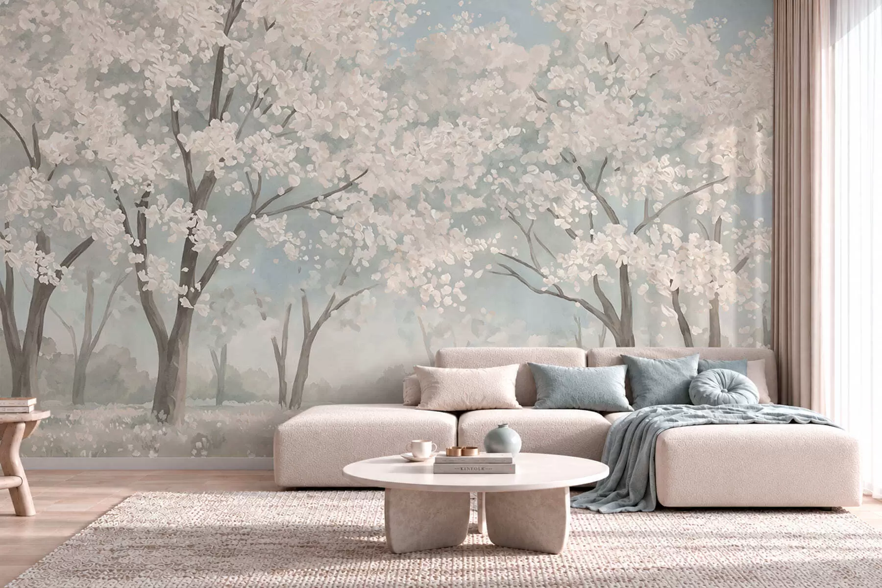 wall murals Pale blooming trees in a meadow in pastel tones w05897