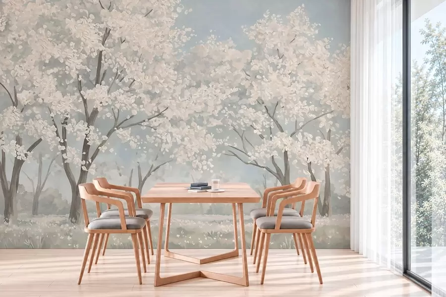 wall murals Pale blooming trees in a meadow in pastel tones w05897