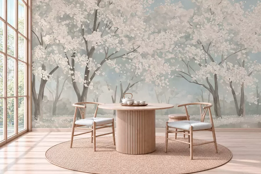 wall murals Pale blooming trees in a meadow in pastel tones w05897
