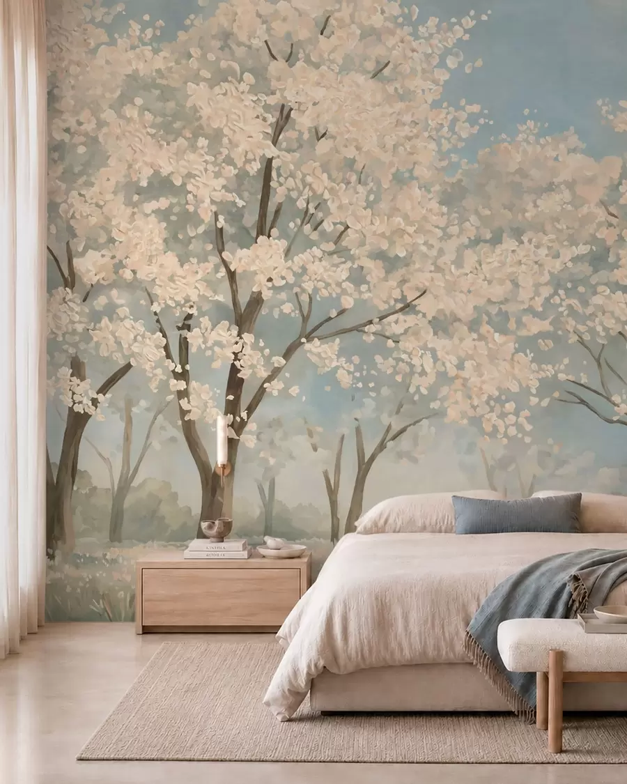 wall murals Blooming pale trees beneath a soft blue sky w05897v1