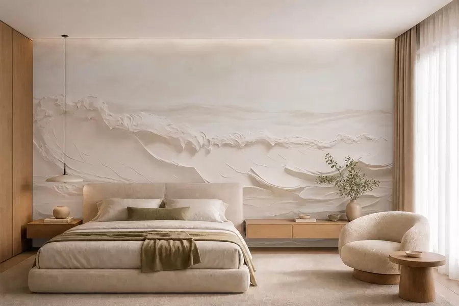 wall murals Textured pale sea waves in creamy tones w05898