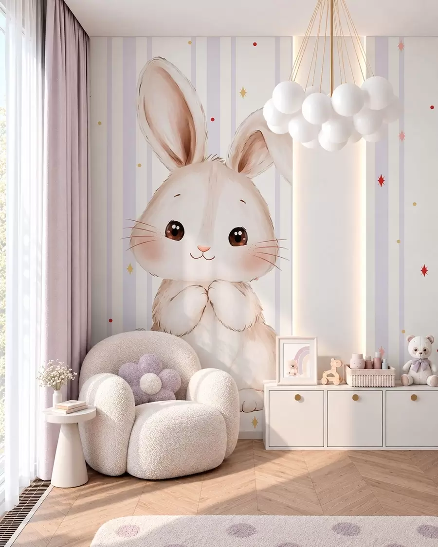 wall murals Cute bunny against lilac stripes and bright stars w05920v1