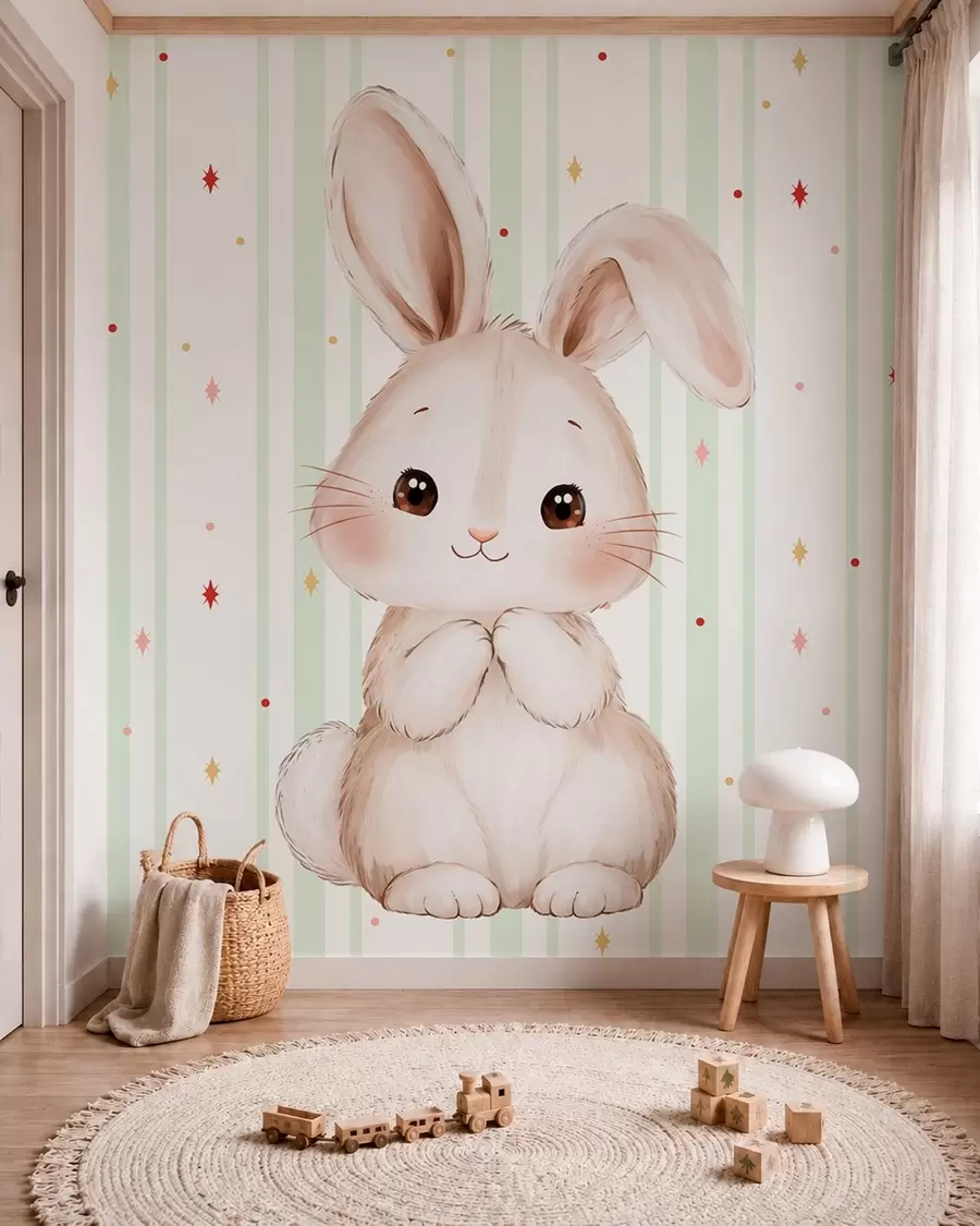 wall murals Cute bunny against green stripes and bright stars w05920v2