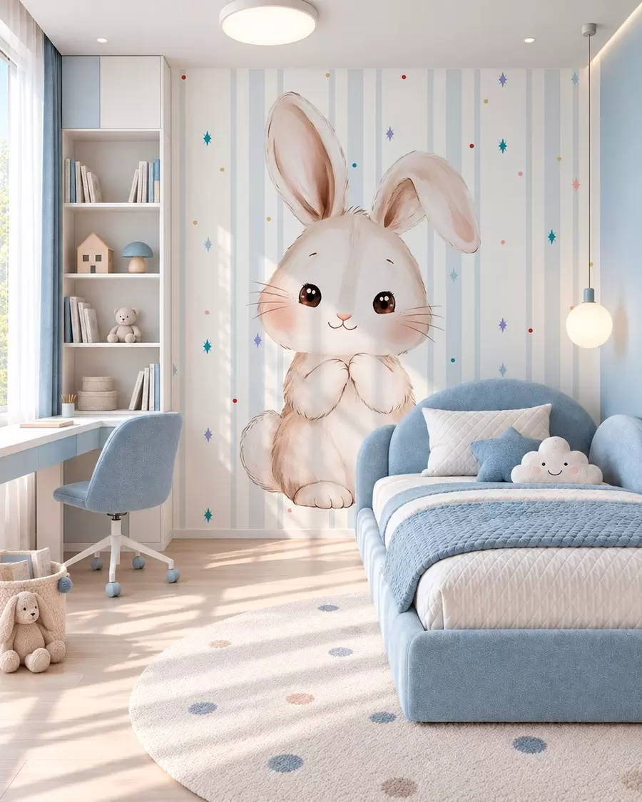 wall murals Cute bunny against blue stripes and colorful stars w05920v3
