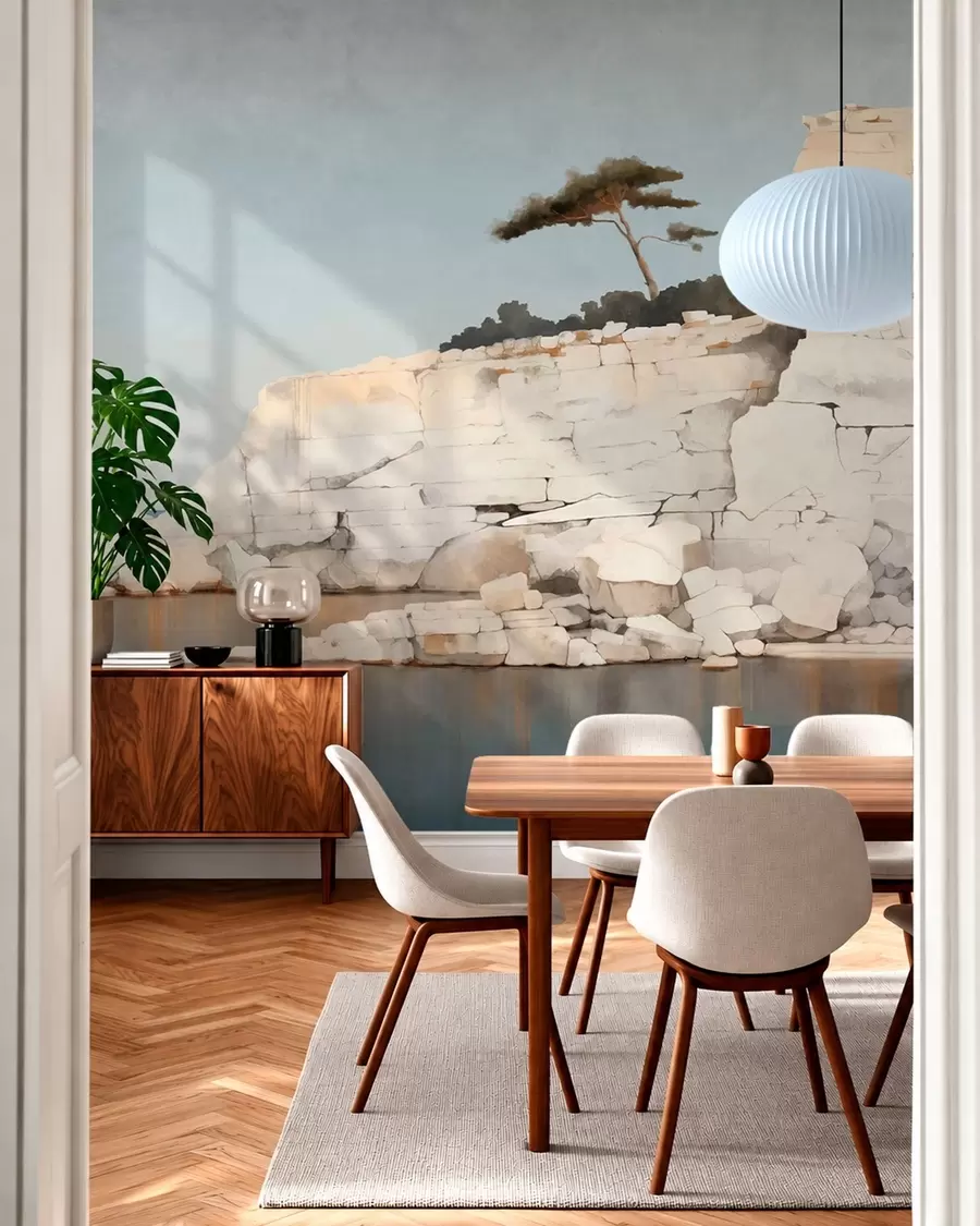 wall murals Pale cliffs by calm sea with a solitary tree w05922