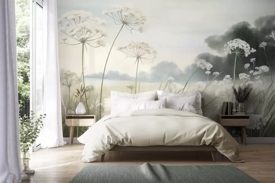 wall murals Landscape with wildflowers and tall grasses in a field, muted colors, textured w10032