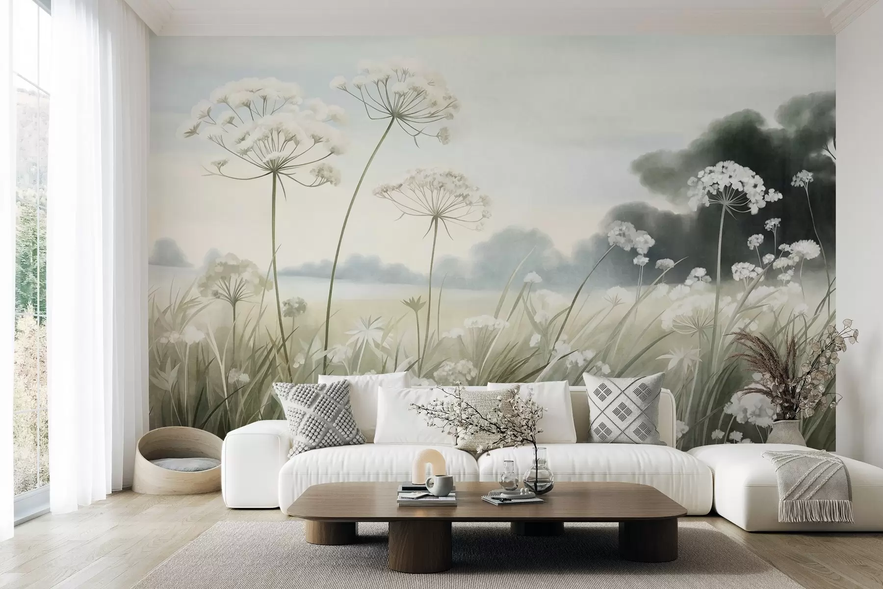 wall murals Landscape with wildflowers and tall grasses in a field, muted colors, textured w10032