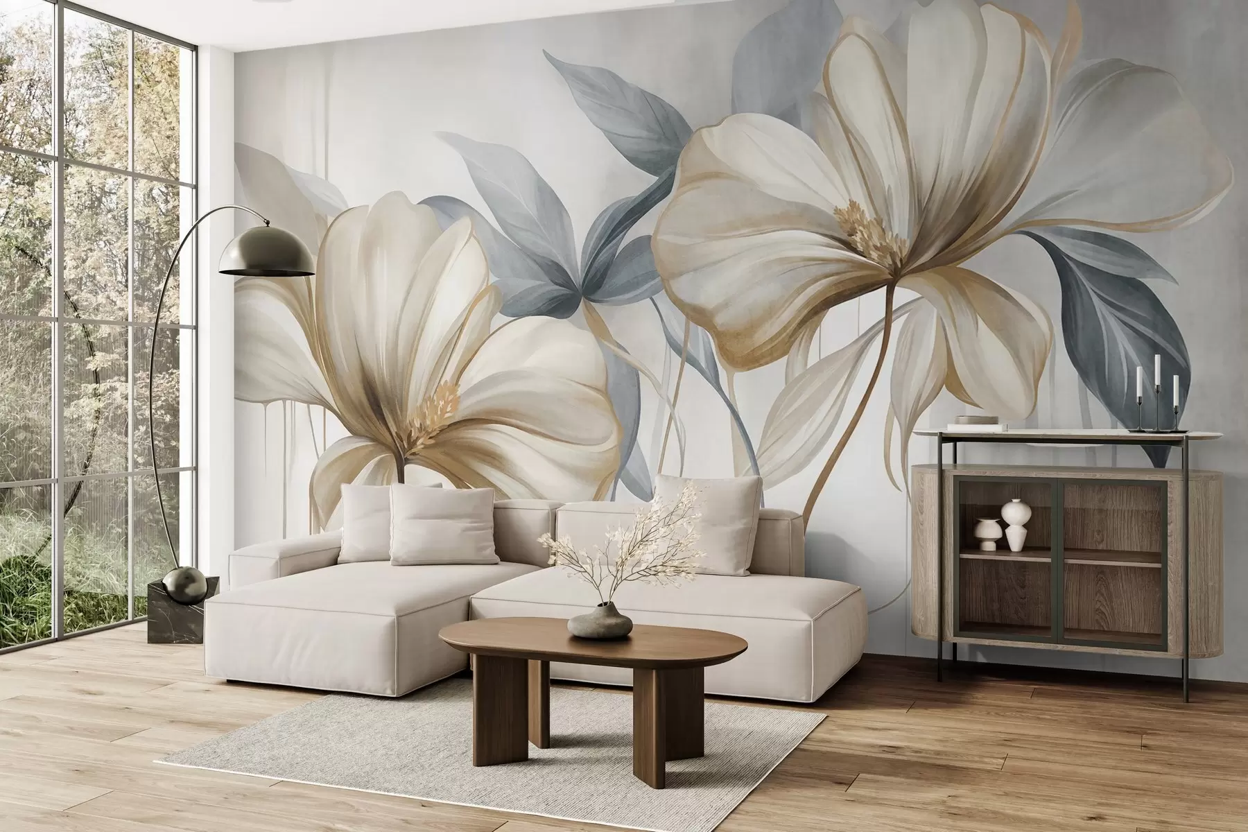 wall murals Abstract delicate flowers with thin, brown stems and muted blue leaves, textured w10058