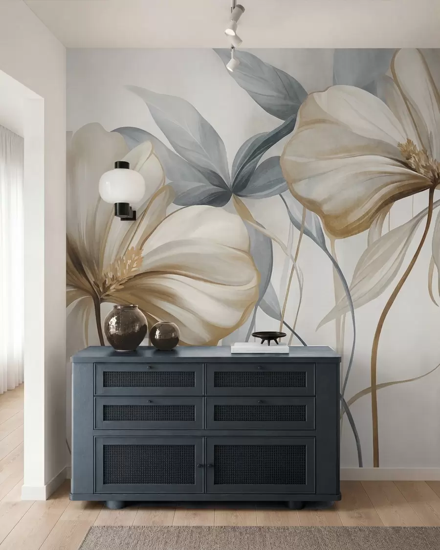 wall murals Abstract delicate flowers with thin, brown stems and muted blue leaves, textured w10058