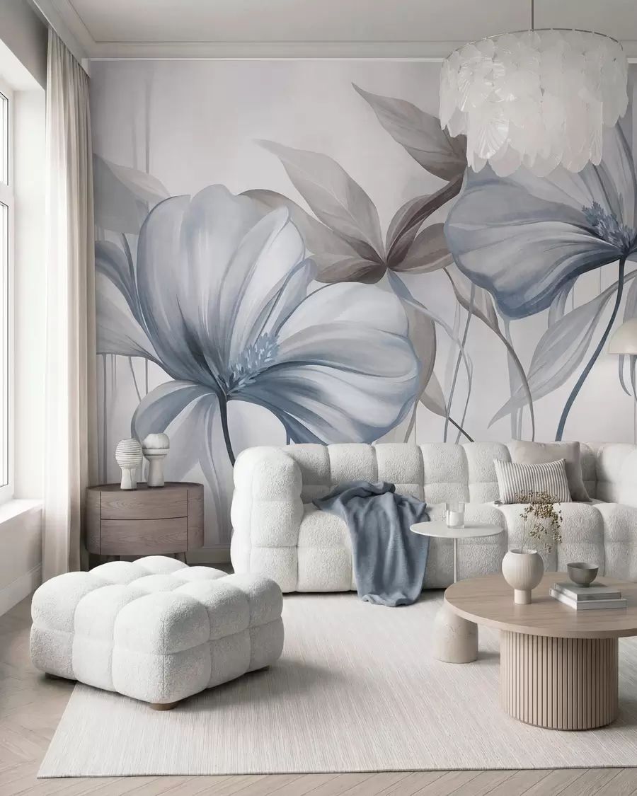 wall murals Abstract delicate flowers with thin, blue stems and muted leaves, textured w10058v1
