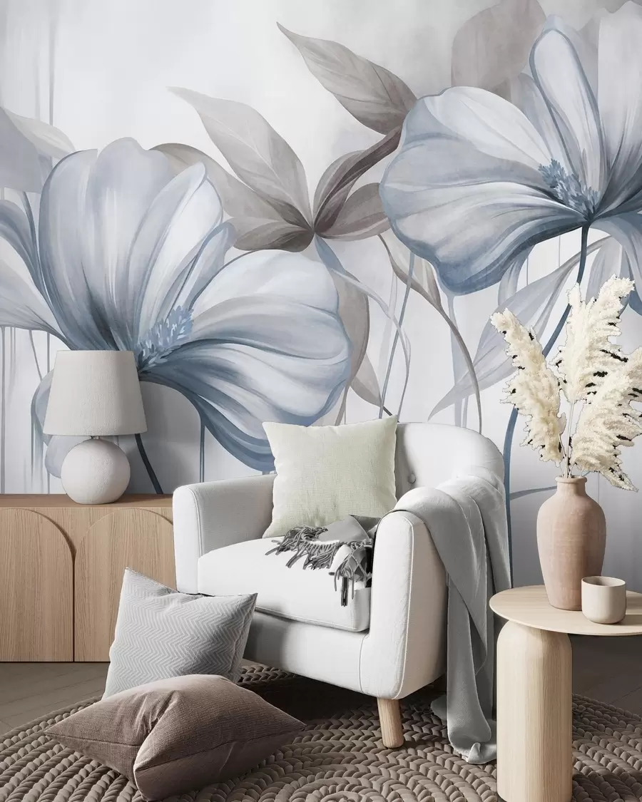 wall murals Abstract delicate flowers with thin, blue stems and muted leaves, textured w10058v1