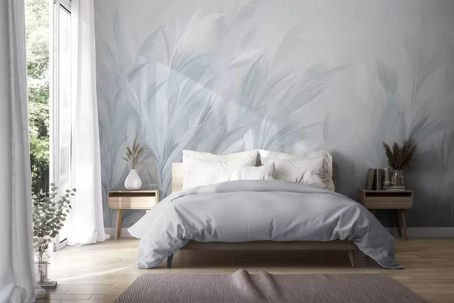 wall murals Tall, feathery grass in soft pastel blue colors, with a light textured background w10060v2
