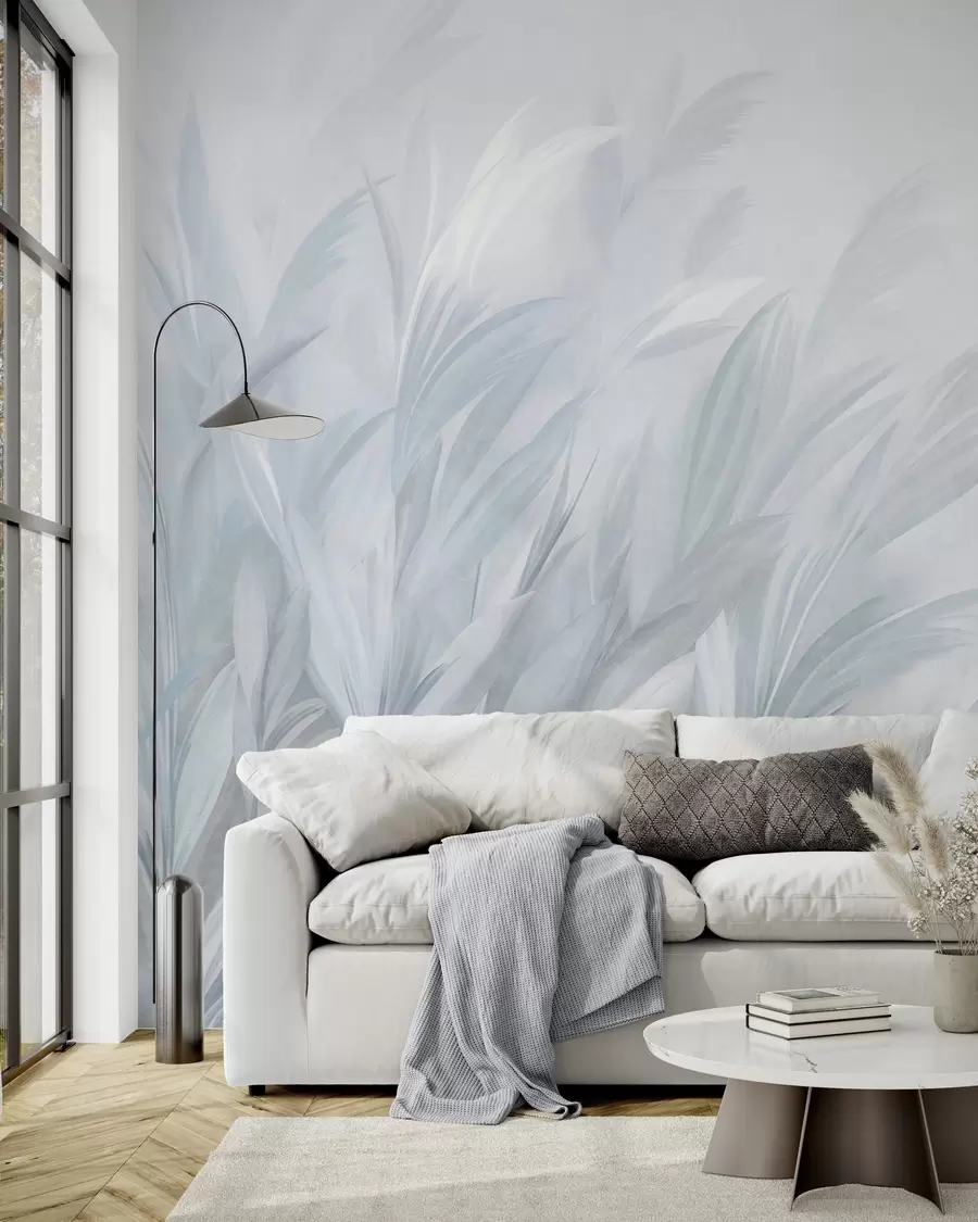 wall murals Tall, feathery grass in soft pastel blue colors, with a light textured background w10060v2