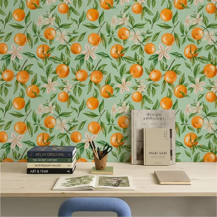 wall murals Oranges, green leaves and white flowers on mint background a01262