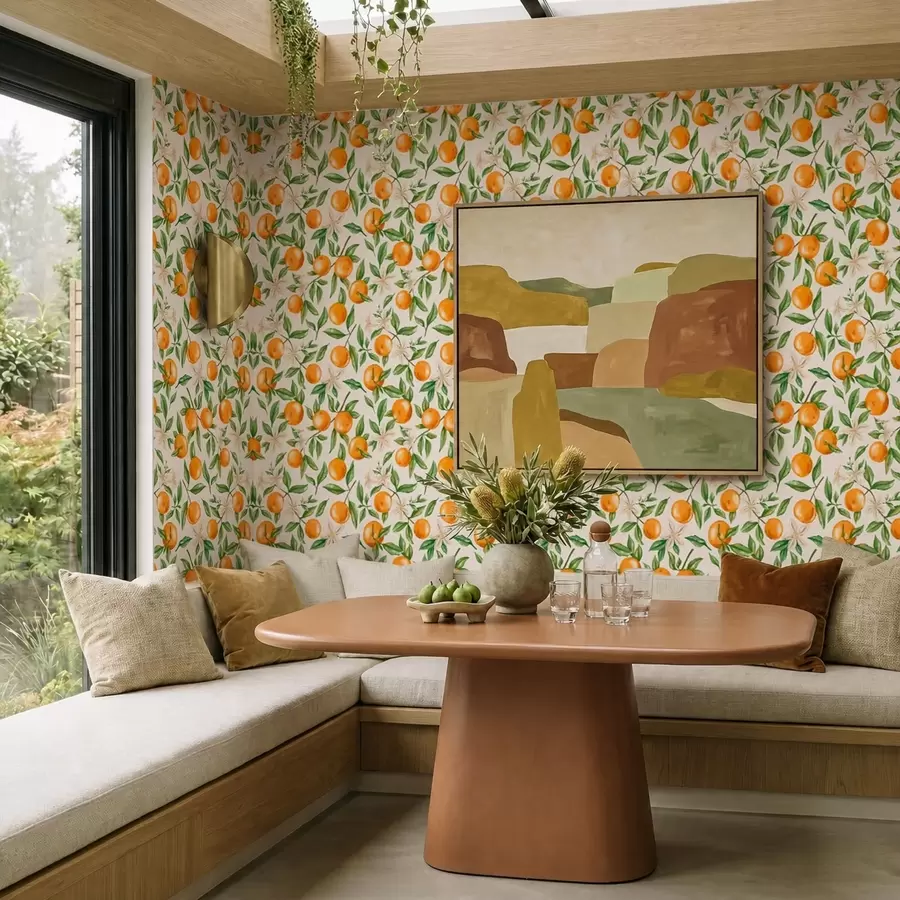 wall murals Oranges, green leaves and white flowers on light background a01262v1