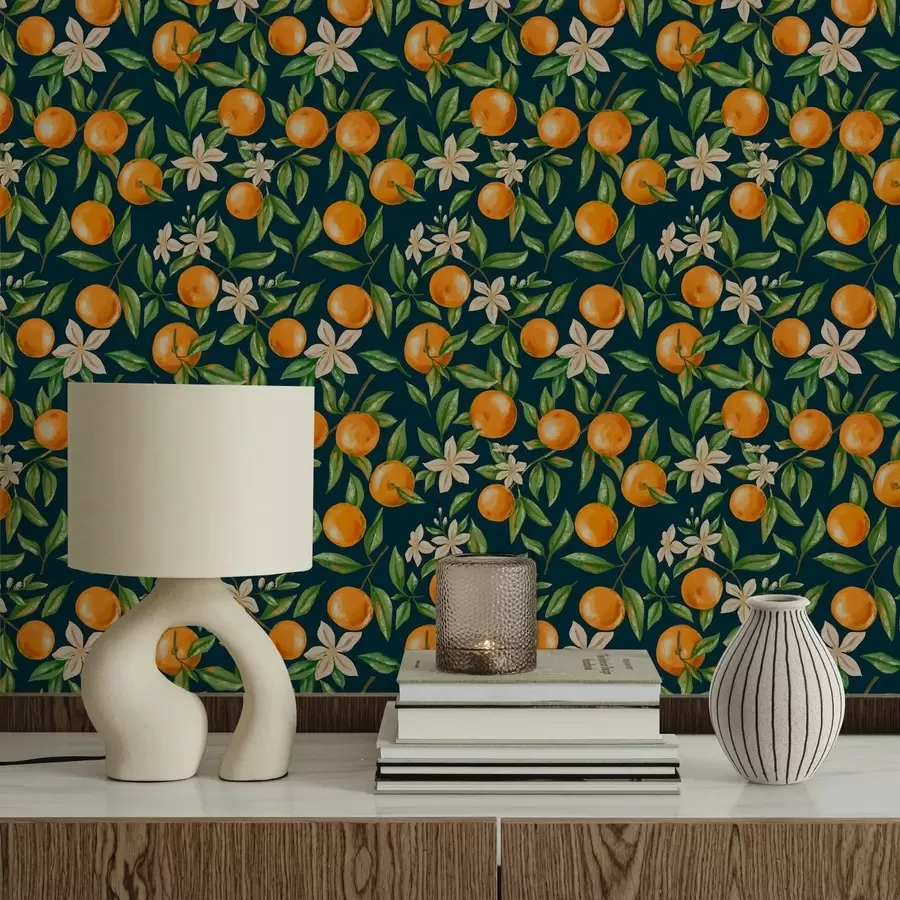 wall murals Oranges, green leaves and white flowers on dark background a01262v3