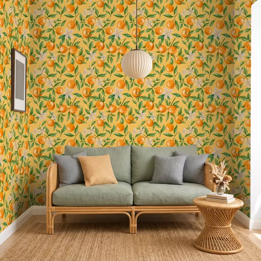 wall murals Oranges, green leaves and white flowers on yellow background a01262v4
