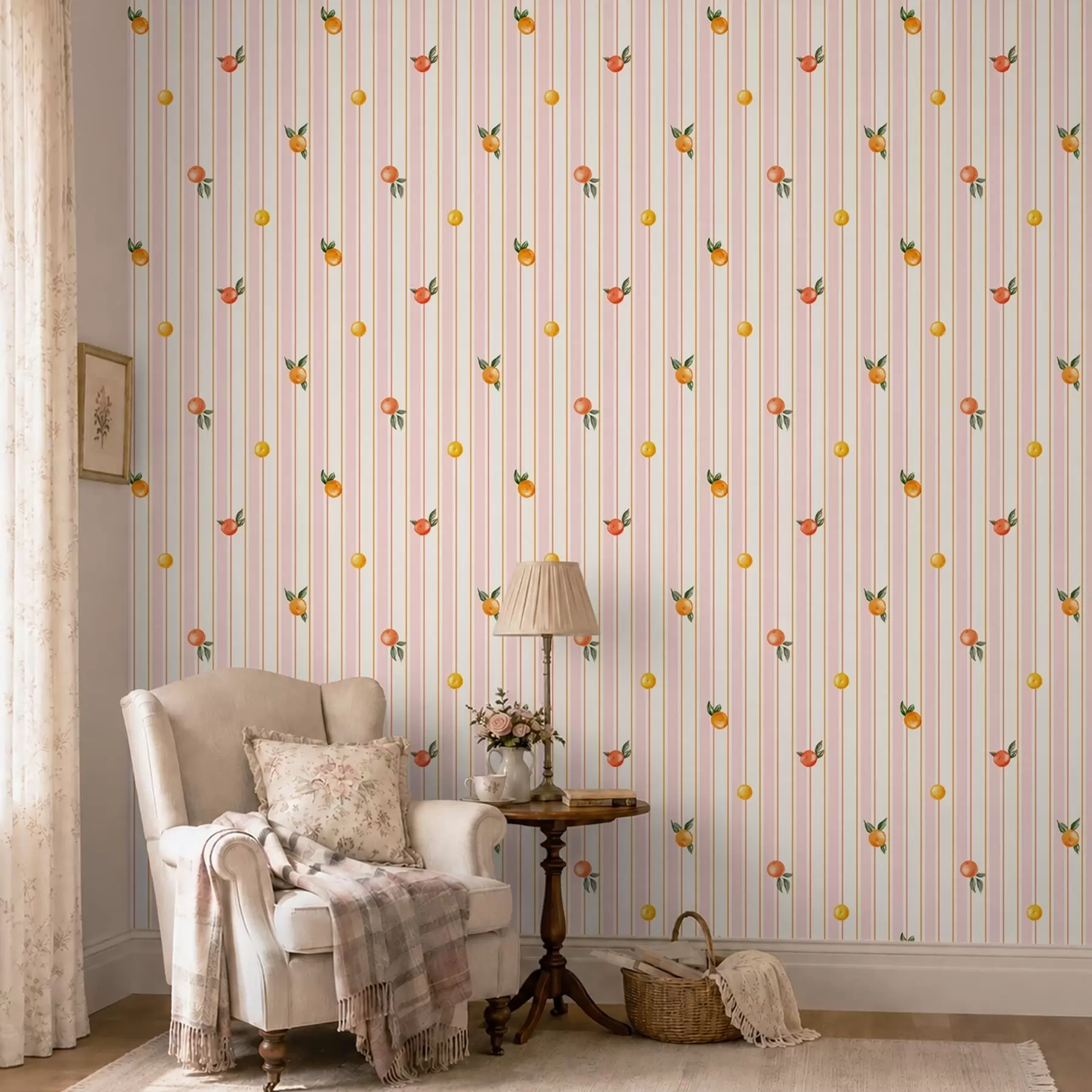 wall murals Orange fruit on pink and cream stripes a01263v4