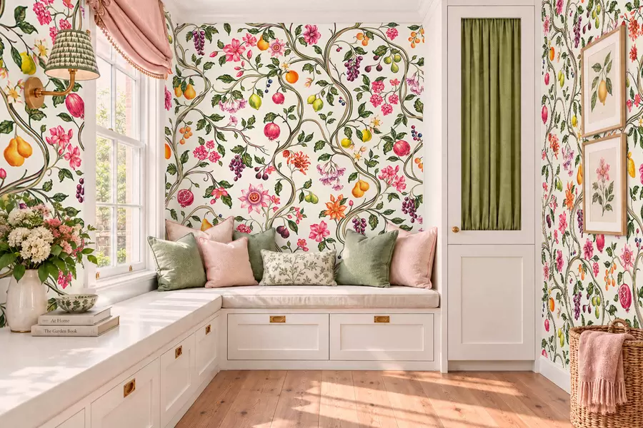 wall murals Twining branches with flowers, fruit and green leaves w05862