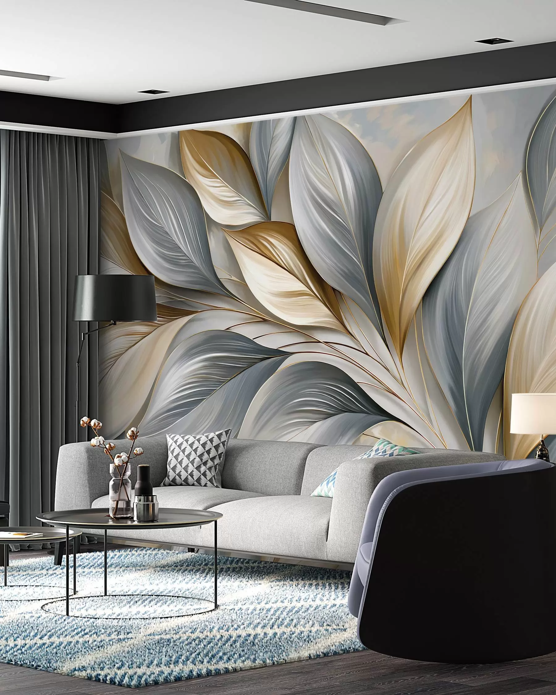 wall murals Blue Sculpted Leaves w10076