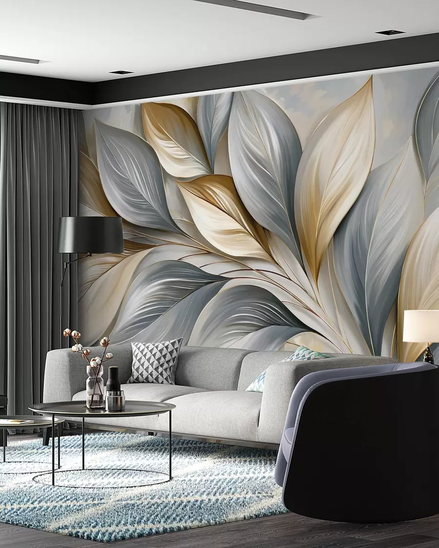 wall murals Blue Sculpted Leaves w10076