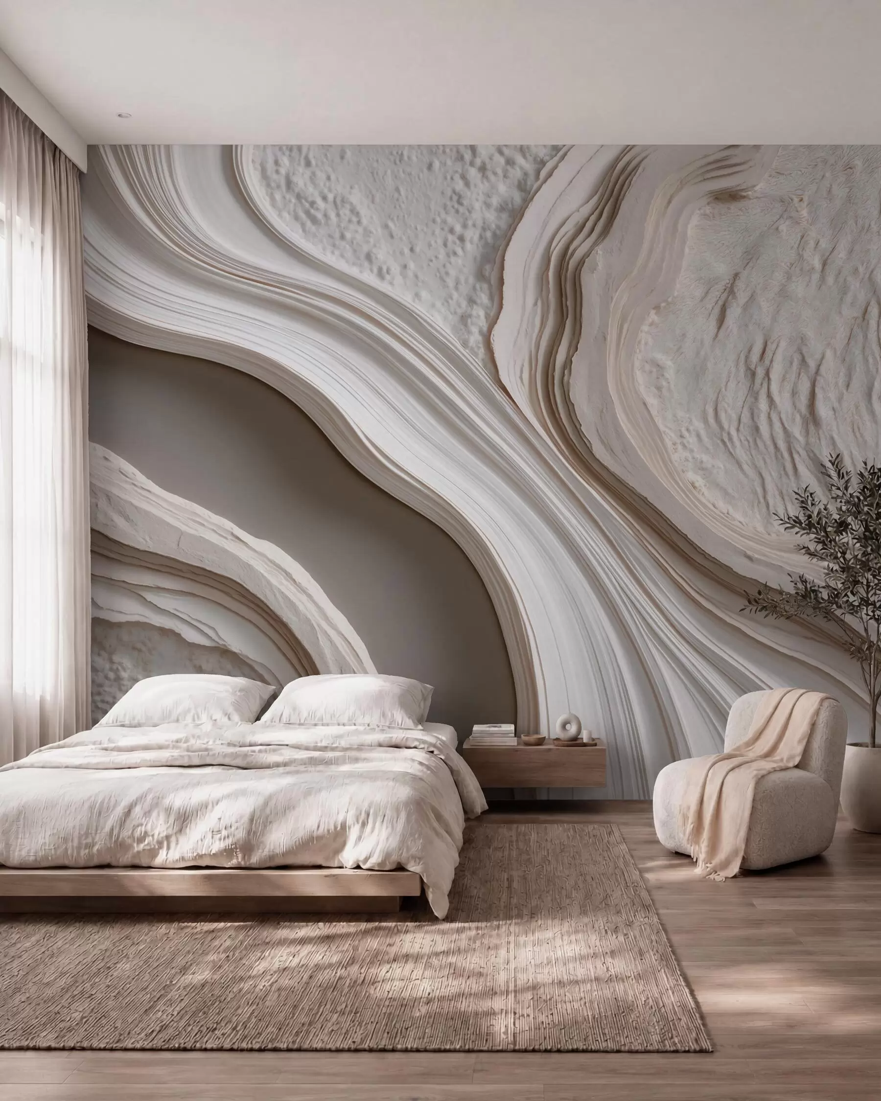 wall murals Imitation of wavy textured plaster in cream-beige tones with a 3D effect w10042